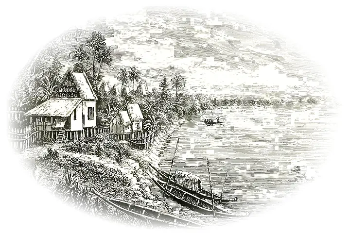 Nhà sàn và ghe bên sông Mê Kông (Delaporte, 1873)